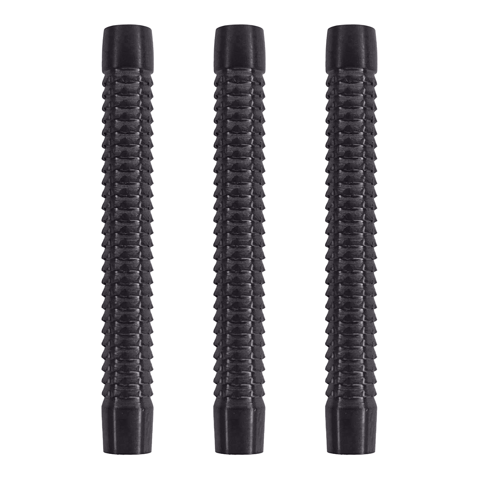 Das Bild zeigt drei schwarze McDart Phantom Softdart-Barrels. Sie haben eine geriffelte Oberfläche für besseren Halt.